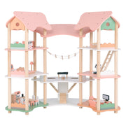 Casa delle bambole in legno per bambini dai 3 agli 8 anni, Casa a 3 piani con 7 stanze e 32 accessori realistici Rosa-Tende e Casette per bambini