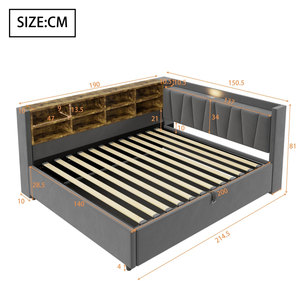 DESMIU Letto contenitore 140 × 200 cm 2 posti con luce LED, USB e Type-C, ripiani e vano idraulico, senza materasso, grigio