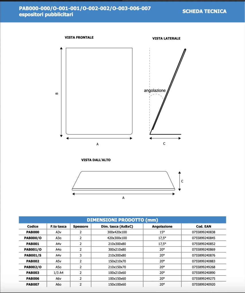 Porta avvisi da banco in Plexi con base a L Monofacciale - A4 verticale