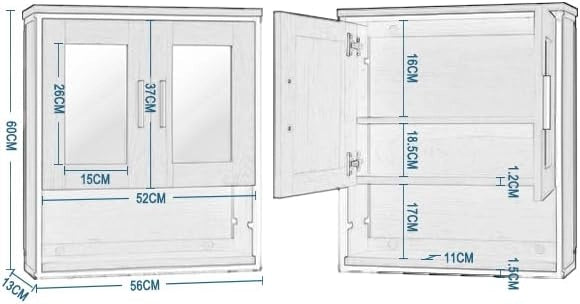 Mobiletto per Bagno Salvaspazio, Pensile da Bagno Sospeso con Mensola e Specchio, Ripiano Regolabile, 2 Ante con Maniglia, Rovere Chiaro+Nero