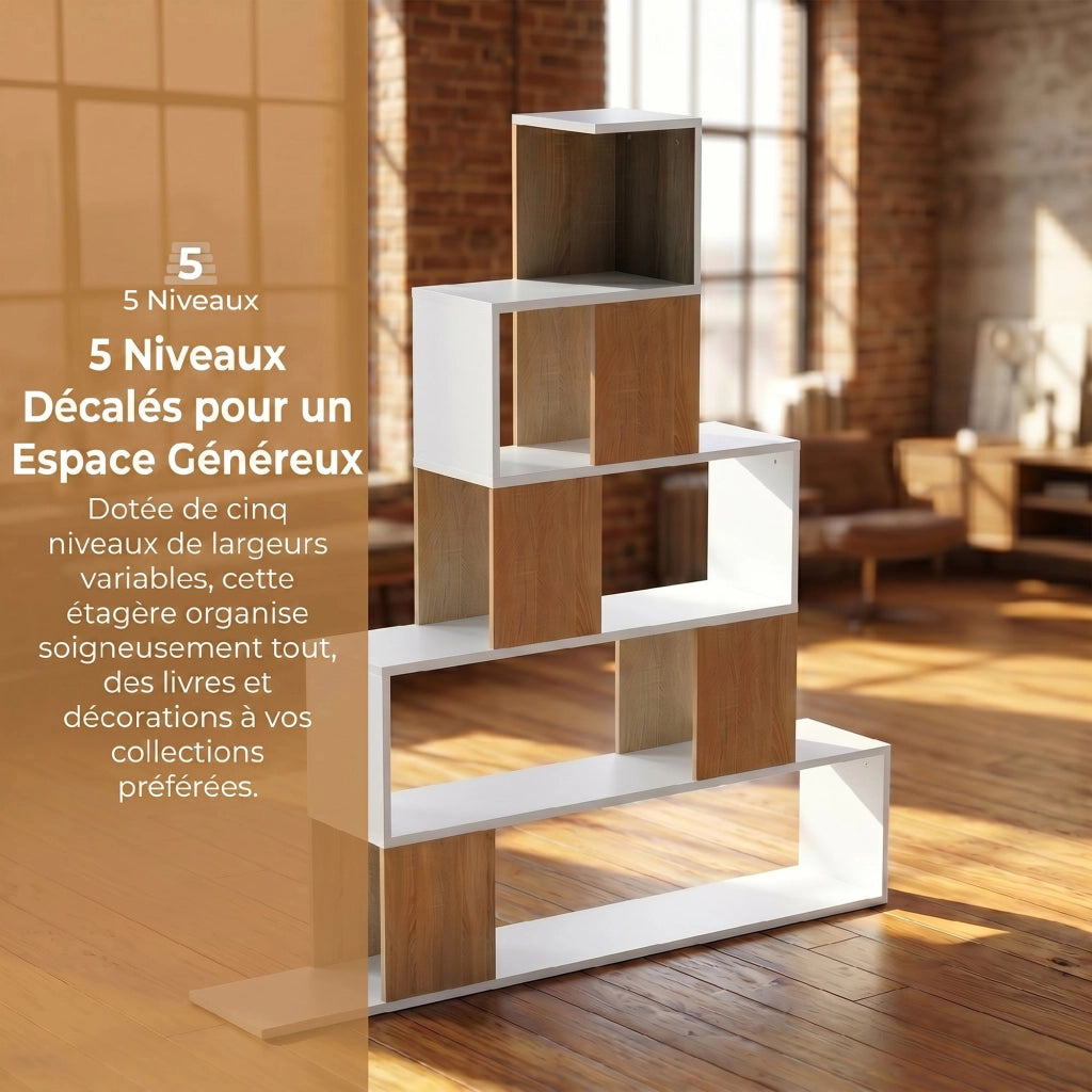 Libreria geometrica 5 livelli ¨C Xylo ¨C legno naturale e bianco