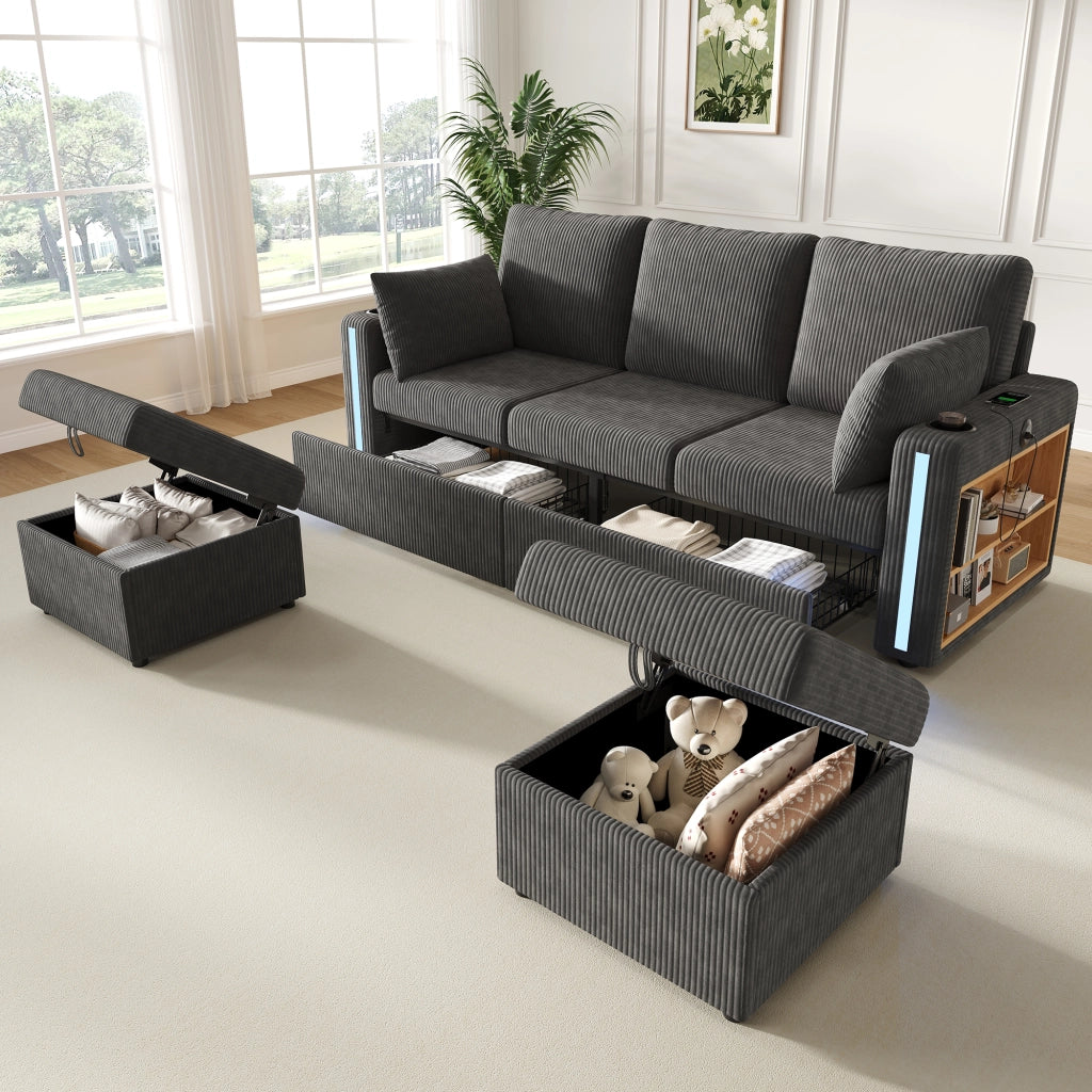 DIVANO Modulare U/L 190x130x85 cm Grigio in tessuto corduroy con 2 pouf contenitore
