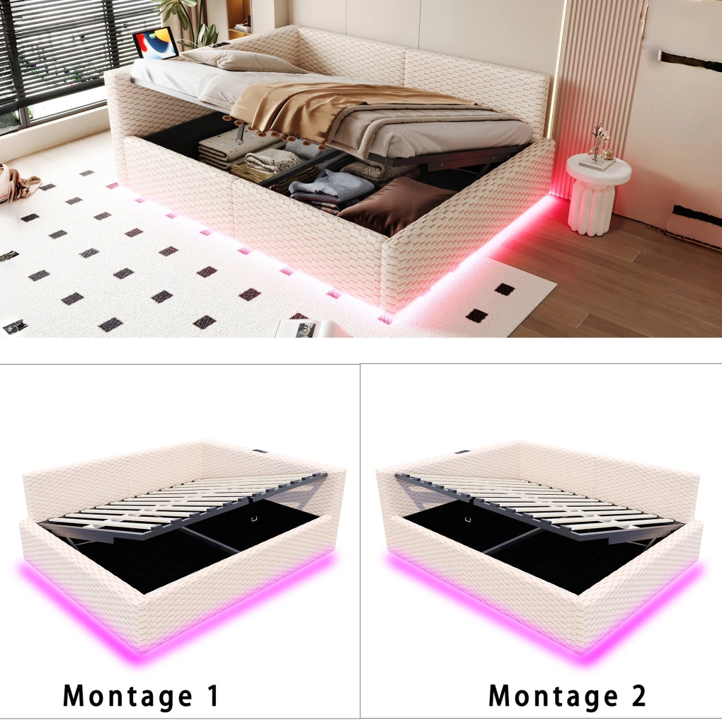 Letto matrimoniale 140x200 cm con contenitore; LED; USB e USB-C in velluto beige
