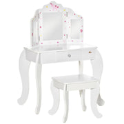 TOELETTA PER BAMBINI CON SGABELLO IN LEGNO, 3 SPECCHI E CASSETTO 63X40X85CM