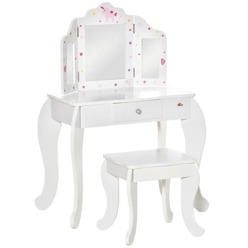 TOELETTA PER BAMBINI CON SGABELLO IN LEGNO, 3 SPECCHI E CASSETTO 63X40X85CM