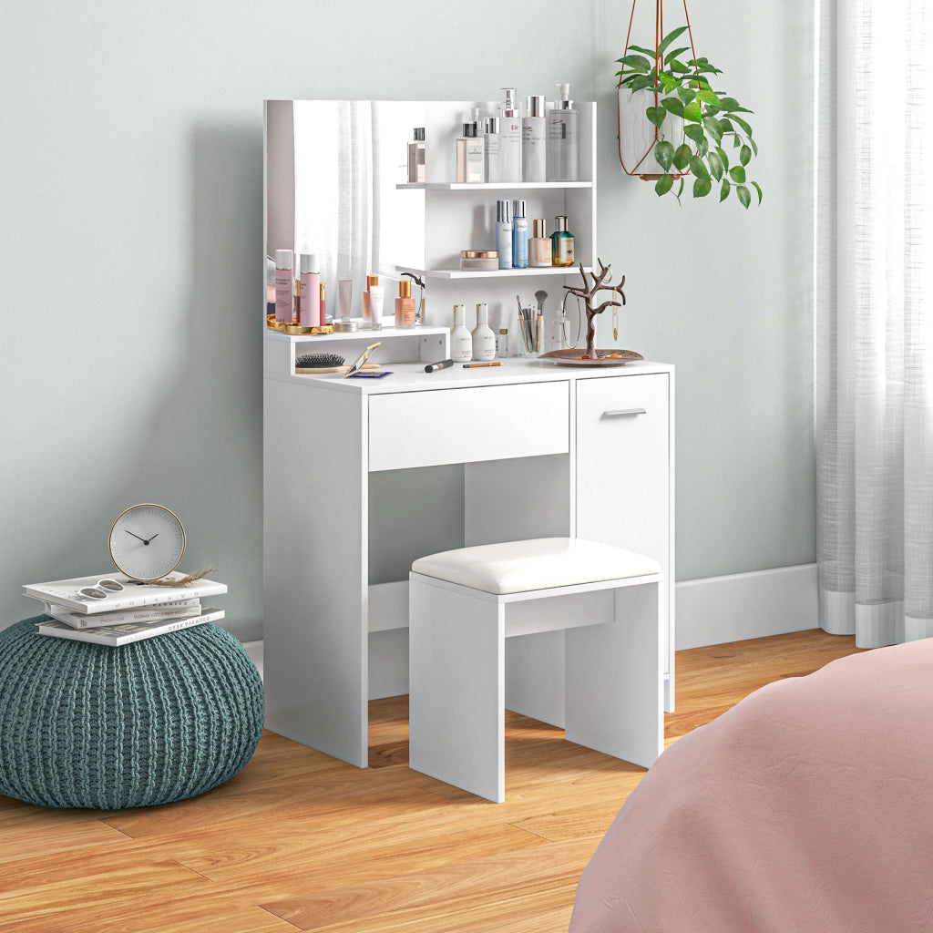 Cassettiera con Specchio e Sgabello ¨C Xylo ¨C Bianco Beige con Ripiani Aperti