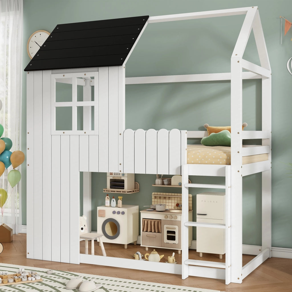 Letto a Soppalco 90x200 cm - Scala a 3 Gradini e Recinzione - in Legno - Bianco e Nero