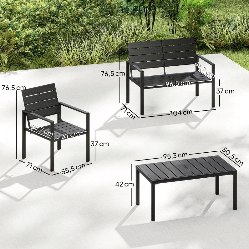 Set lounge da giardino per 4 persone; con divano a 2 posti; 2 poltrone e tavolino; nero