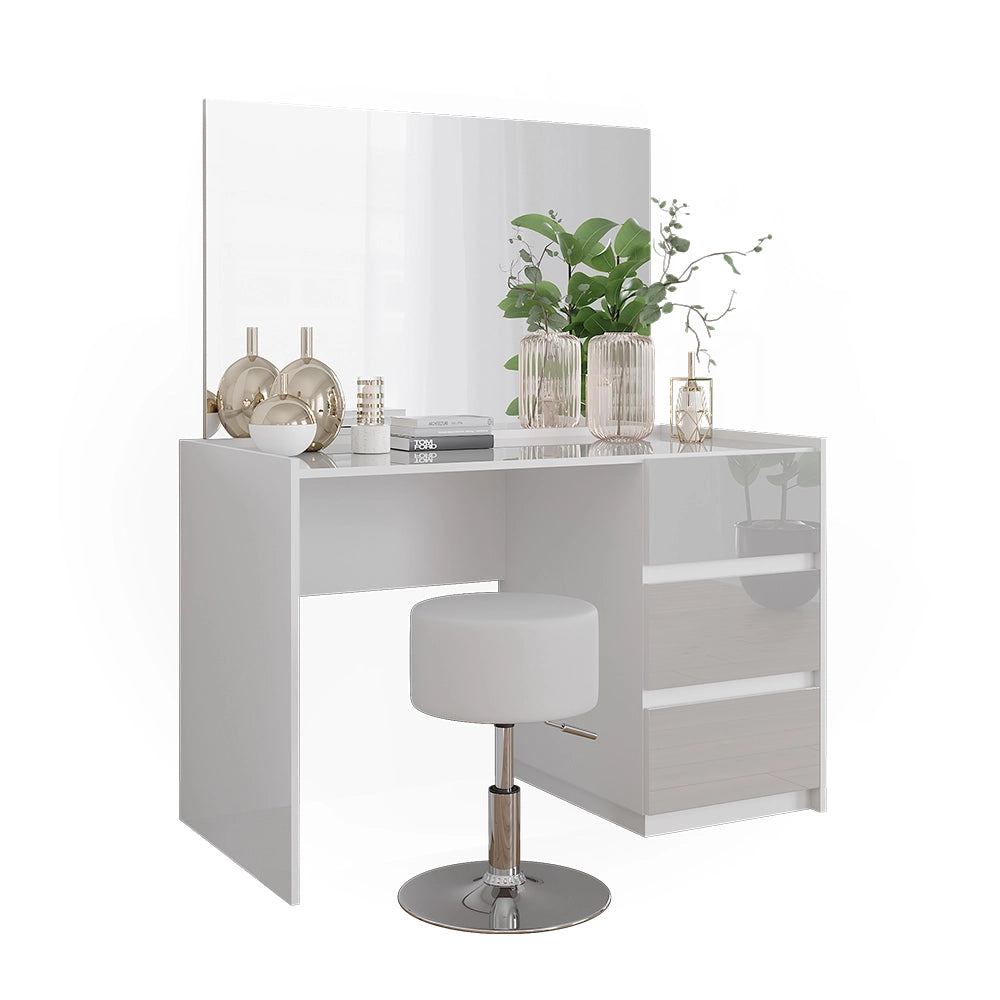 Vicco Tavolino da toilette Bianco lucido 120 cm con specchio e sgabello