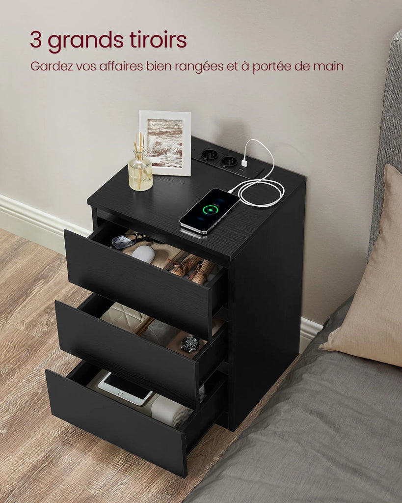 Comodino con multipresa tavolino laterale con 3 cassetti 2 prese CA 2 porte USB frontali dei cassetti smussati per soggiorno camera da letto ufficio moderno nero 12_0007611
