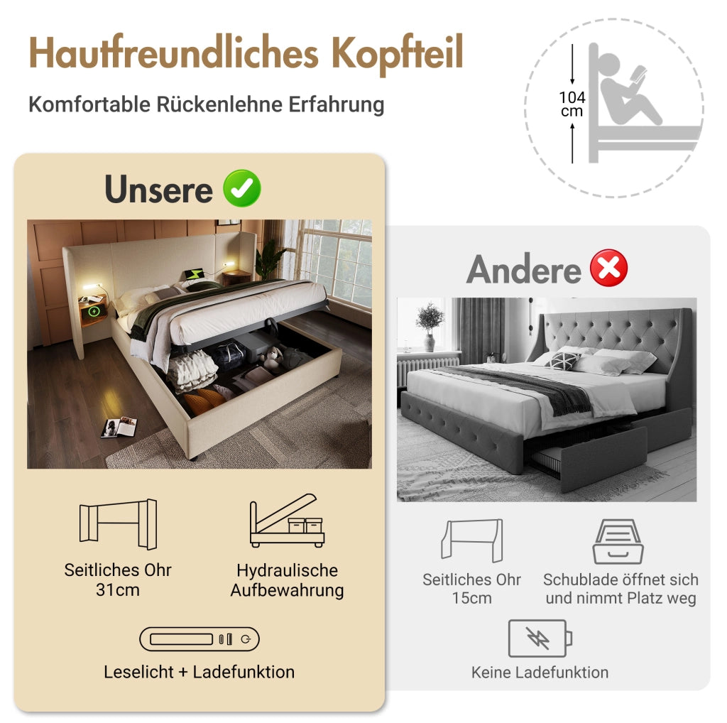 Letto contenitore 180x200 cm beige con luci e ricarica USB-C