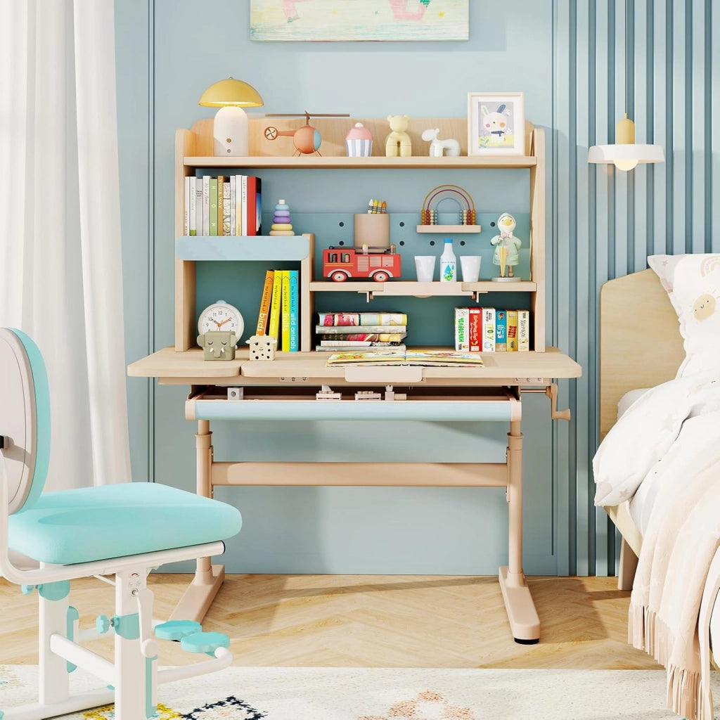 Scrivania per Bambini 3+ Anni, Tavolo da Studio Regolabile in Altezza con Libreria e Cassetto, Piano Inclinabile, Mensole, Leggio e Portapenne, Scrivania per Studiare (Blu)