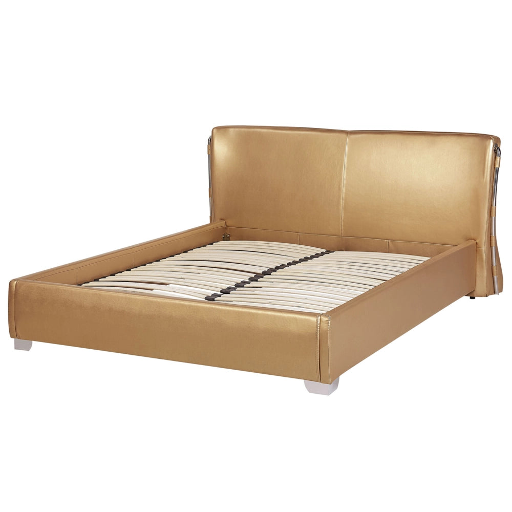 Letto Vera Pelle Color dorato Testiera Curva Rete a Doghe 160 x 200 cm design moderno