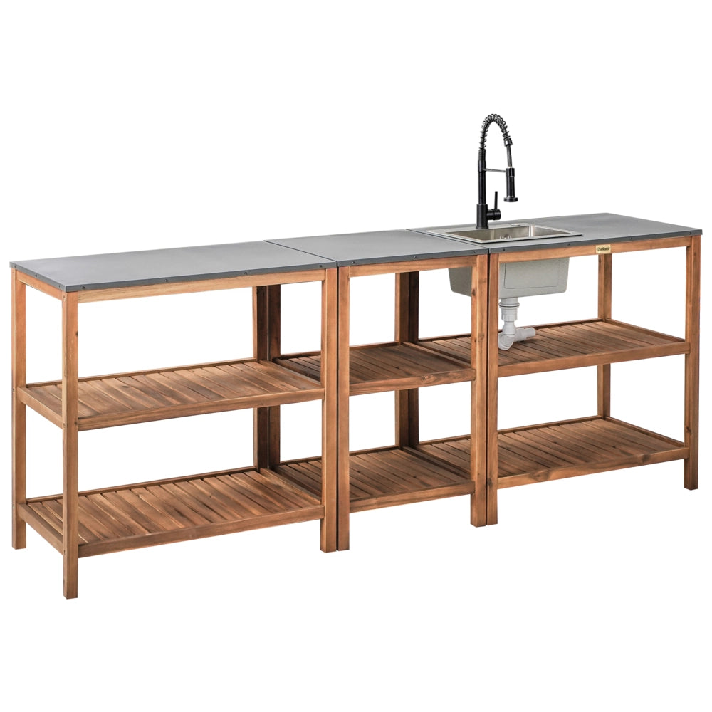 Cucina da giardino in legno di acacia 3 elementi Piano in acciaio con lavello e rubinetto Marrone e nero cucina da esterno