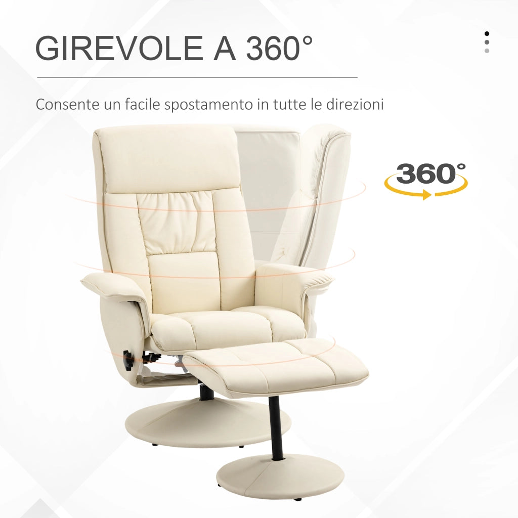 Poltrona Reclinabile con Pouf Poggiapiedi e Seduta Girevole ¨C Zephmum ¨C Crema 78x84x110 cm