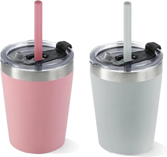 Biberon per bambini in acciaio inossidabile con coperchio ermetico e set di setole in silicone per bambini e bambine, tazza per smoothie per bambini con fodero in silicone, 237 ml (grigio rosa)