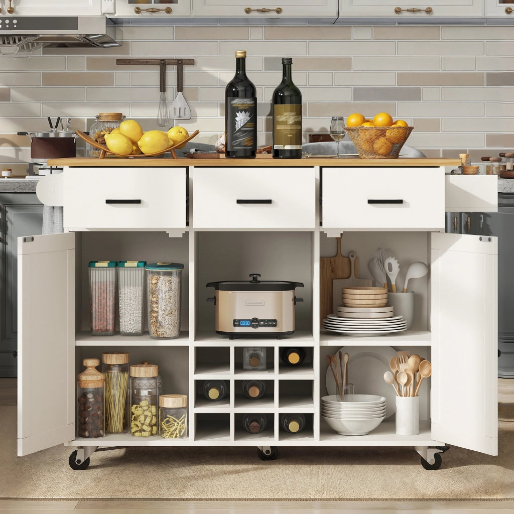 Carrello da Cucina con 3 Cassetti; 2 Ante; Piano Pieghevole; Portasciugamani e Portaspezie; Bianco