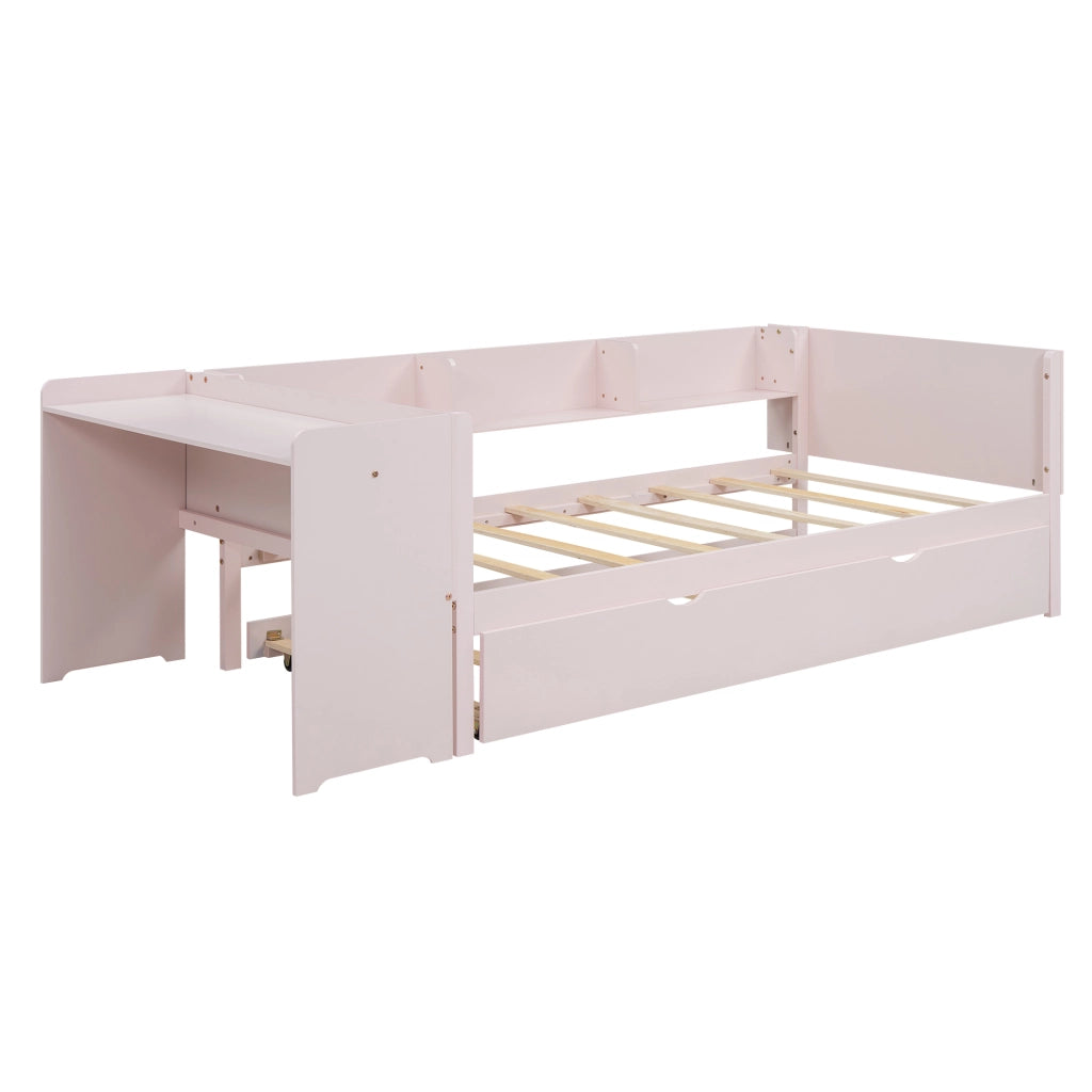Letto basso con letto estraibile; scrivania e 3 ripiani laterali; legno di pino e MDF; rosa; 90x200 cm