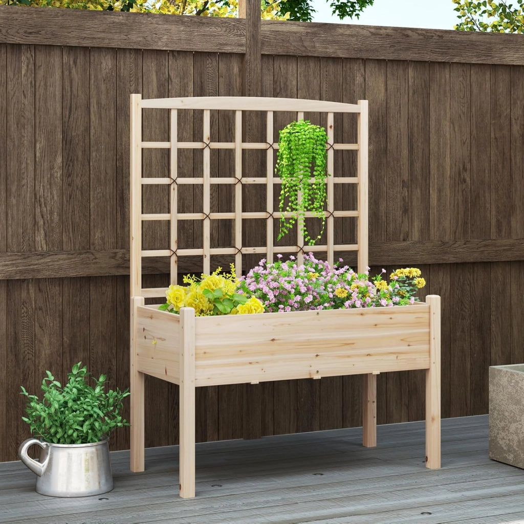 Letto da Giardino Elevato con Traliccio per Rampicanti, Fori di Drenaggio, Fioriera Rialzata in Legno con Grigliato e Piedi per Rampicanti, Fiori, Erbe, Verdure, Frutta, Balcone, Carico 80 kg