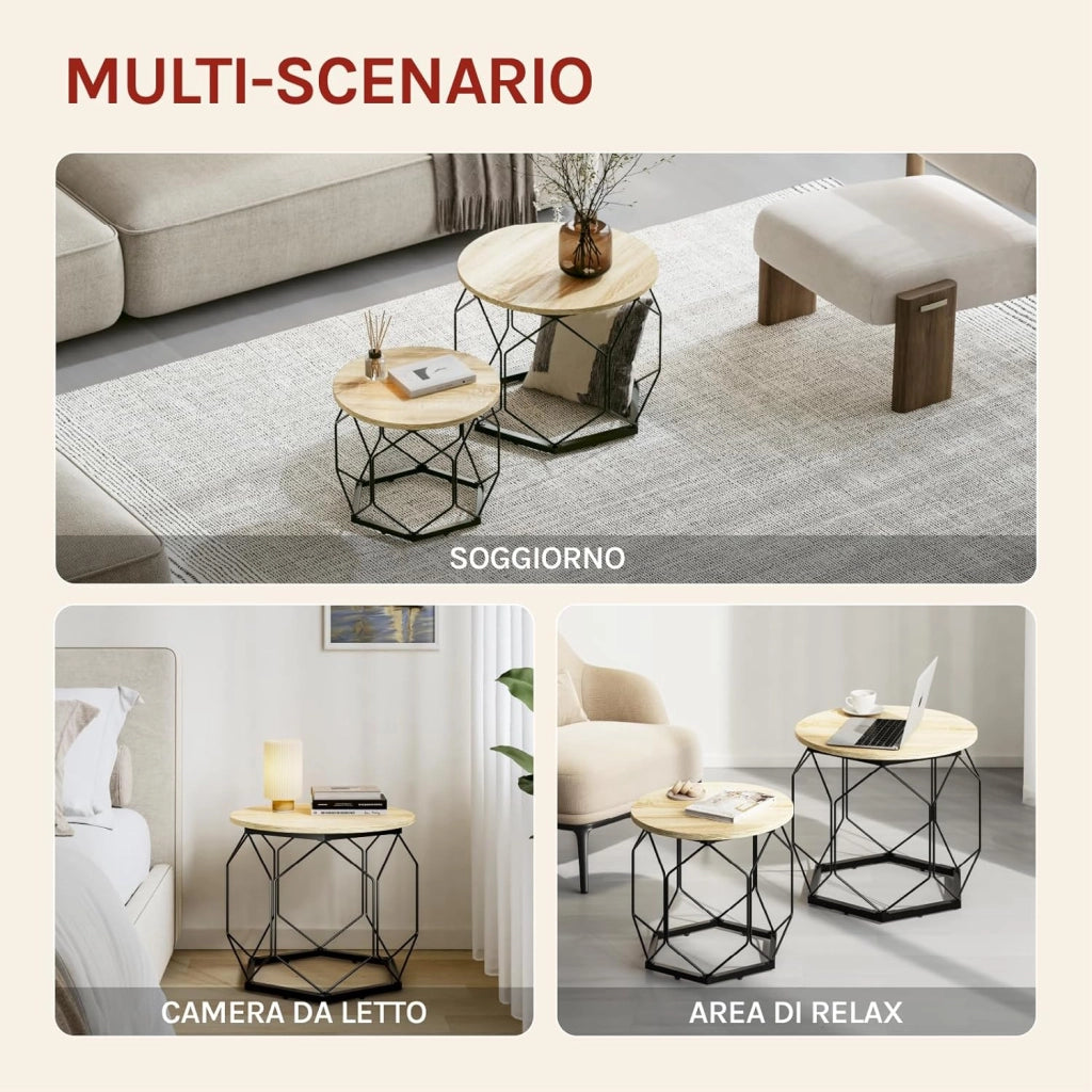Set di 2 Tavolini da Salotto Rotondi, Tavolini Contenitori in Legno e Metallo, Tavoli da Caffè con Piano Rimovibile, per Soggiorno, Camera da Letto, Legno + Nero, BTS05hei