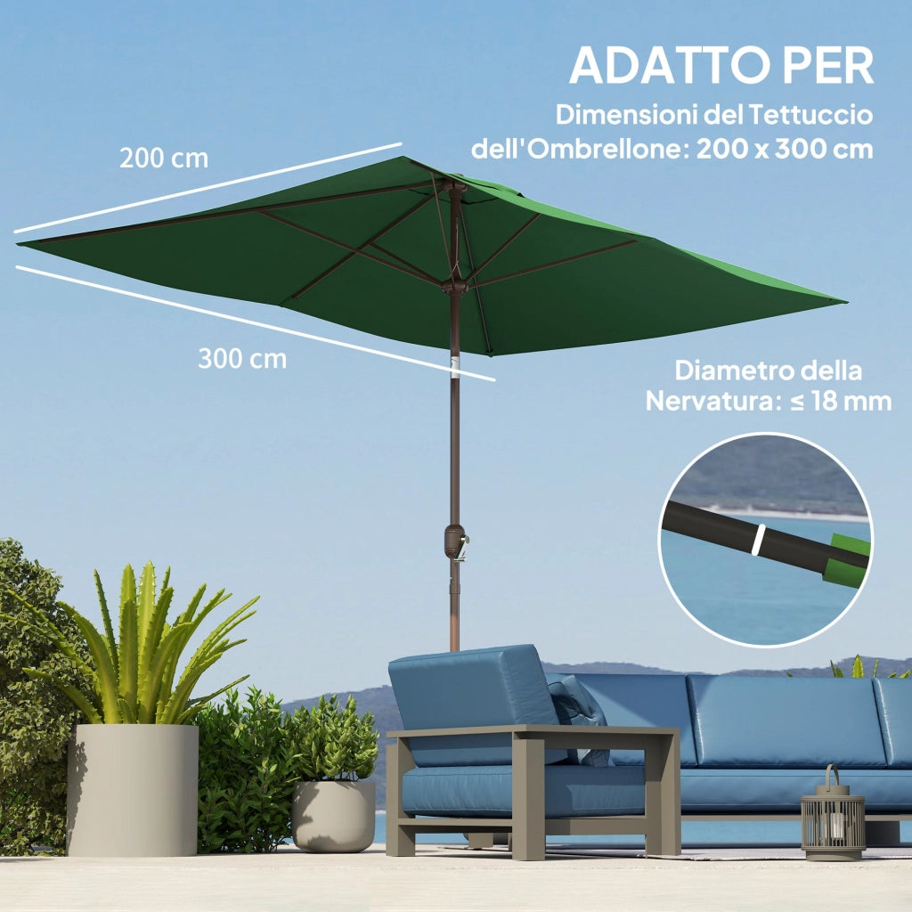 Telo di Ricambio per Ombrellone Rettangolare 3x2 m a 6 Stecche Poliestere Anti UV 50+ Verde
