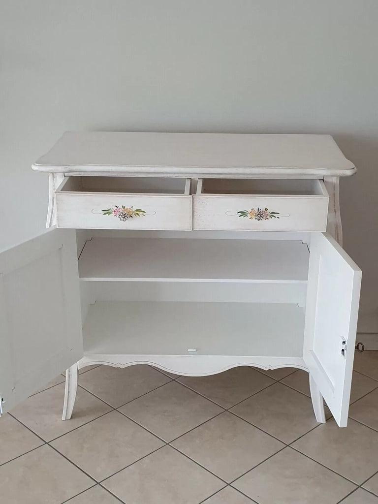 Madia credenza in legno 2 porte shabby bianco anticato decorato 105x50x100 (3090) - Mobili 2G