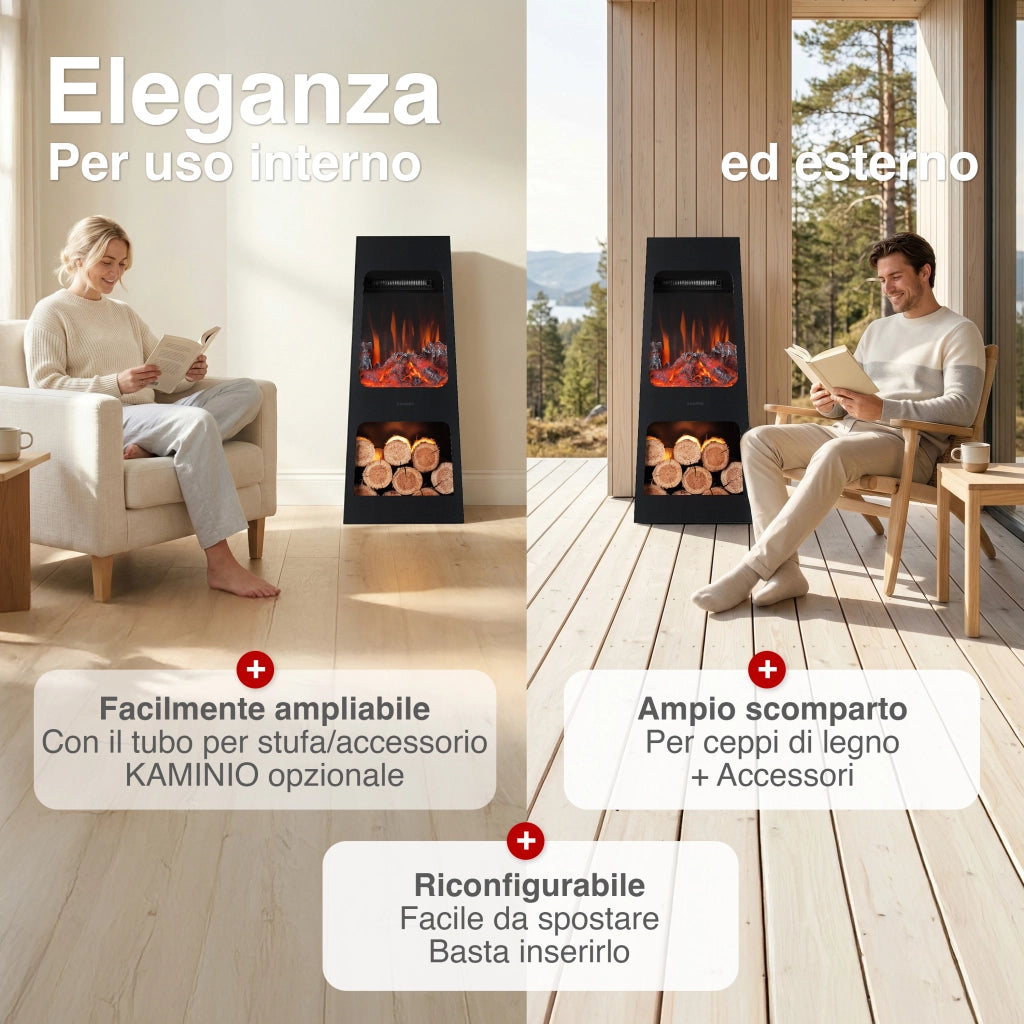 KAMINIO Caminetto elettrico da giardino KAI L - Stufa de terrazzo  elettrico con riscaldamento, effetto fiamma 3D, luce ambiente a LED, scomparto de legno, telecomando - Large, Nero