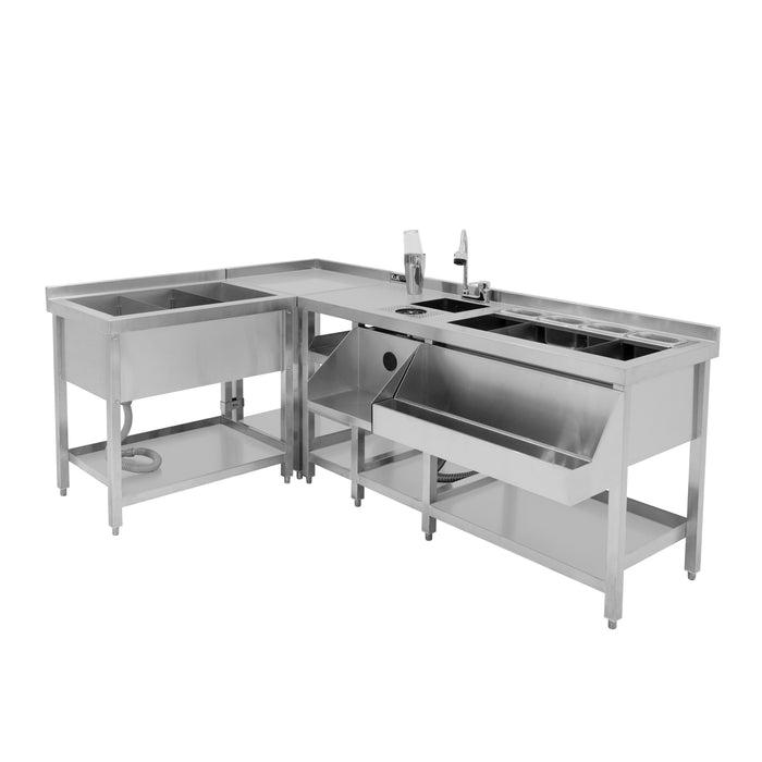 Postazione Deluxe da Cocktail in Inox con Pozzo Ghiaccio e Unità Angolare Modulare