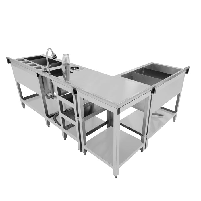 Postazione Deluxe da Cocktail in Inox con Pozzo Ghiaccio e Unità Angolare Modulare