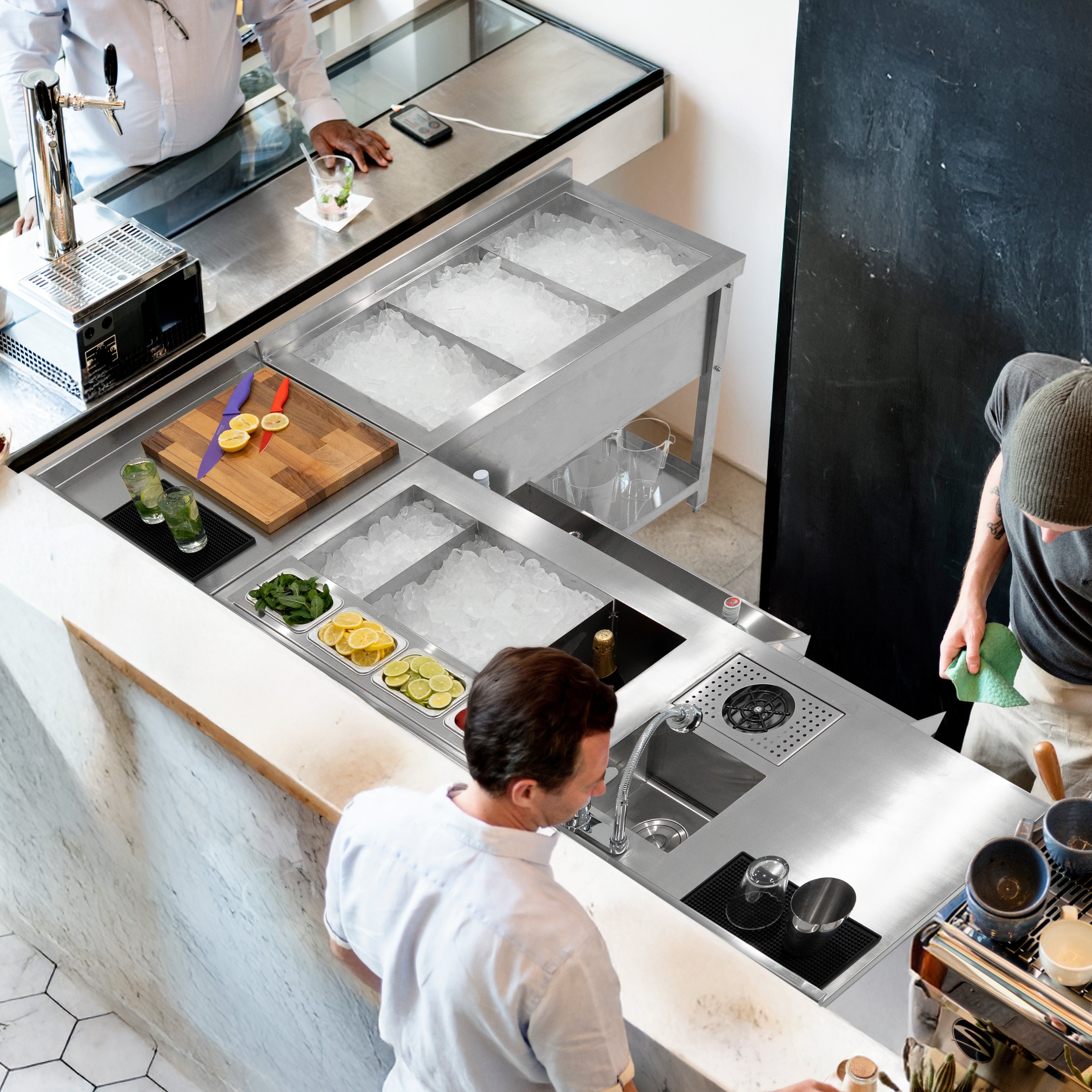 Postazione Deluxe da Cocktail in Inox con Pozzo Ghiaccio e Unità Angolare Modulare