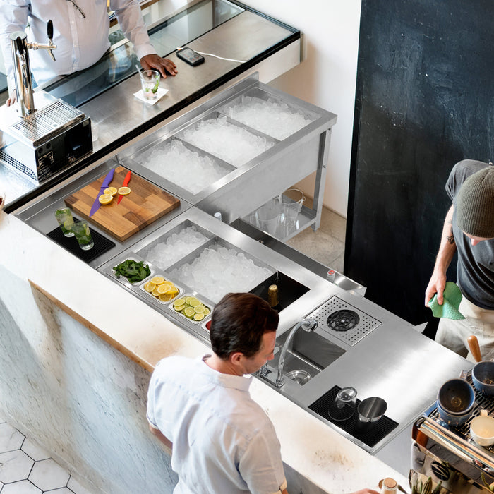 Postazione Deluxe da Cocktail in Inox con Pozzo Ghiaccio e Unità Angolare Modulare