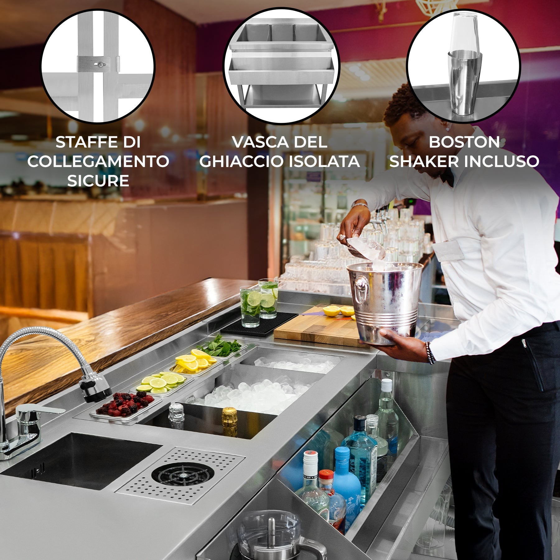 Postazione Deluxe da Cocktail in Inox con Pozzo Ghiaccio e Unità Angolare Modulare