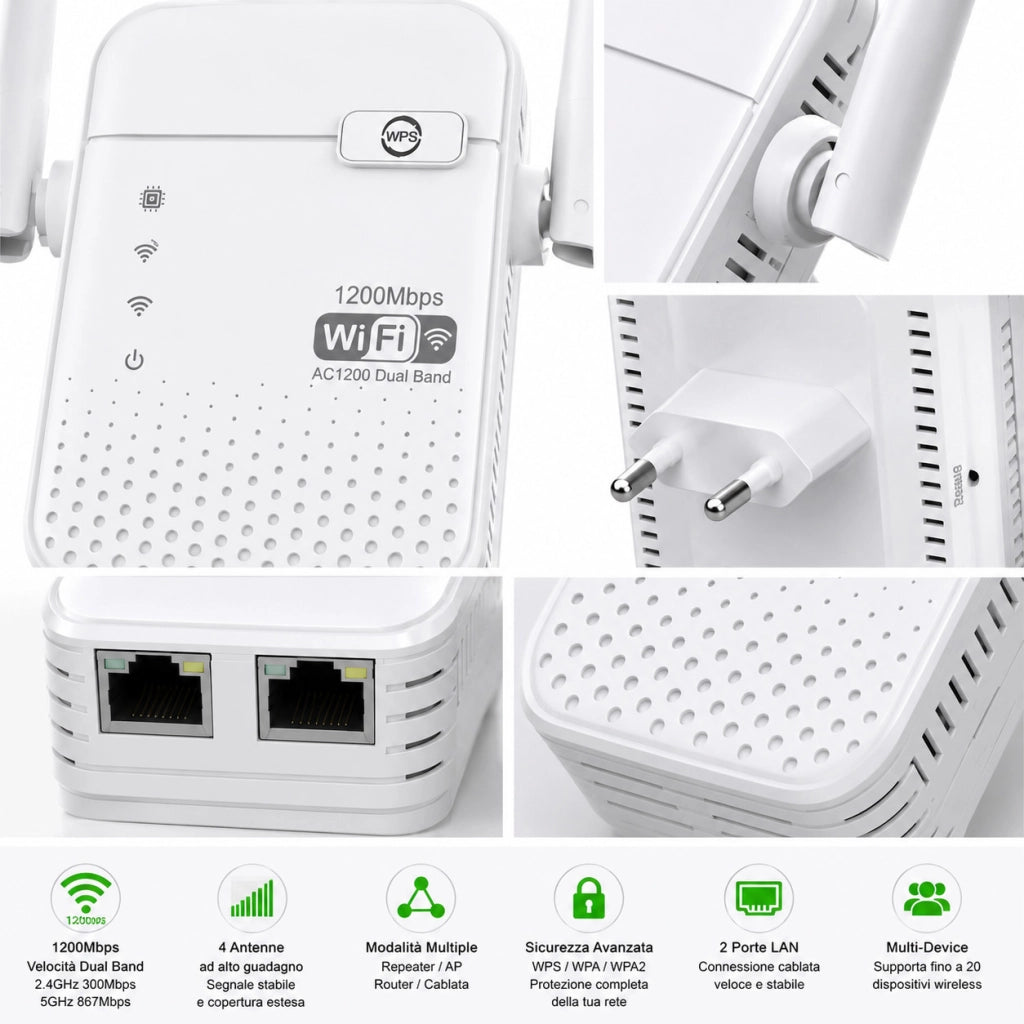 AMPLIFICATORE SEGNALE RIPETITORE WIFI 1200 MBPS EXTENDER DUAL BAND 2.4GHZ 5 GHZ