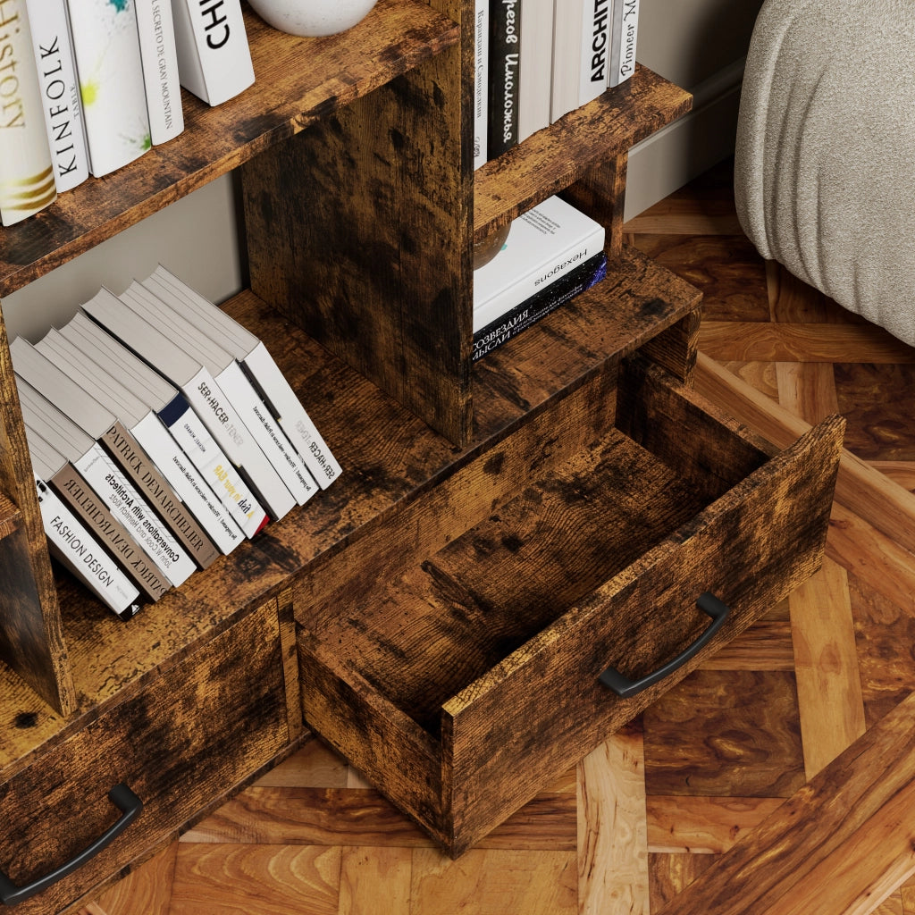 Libreria autoportante in metallo e legno con 2 cassetti, 12 ripiani aperti, stile industriale