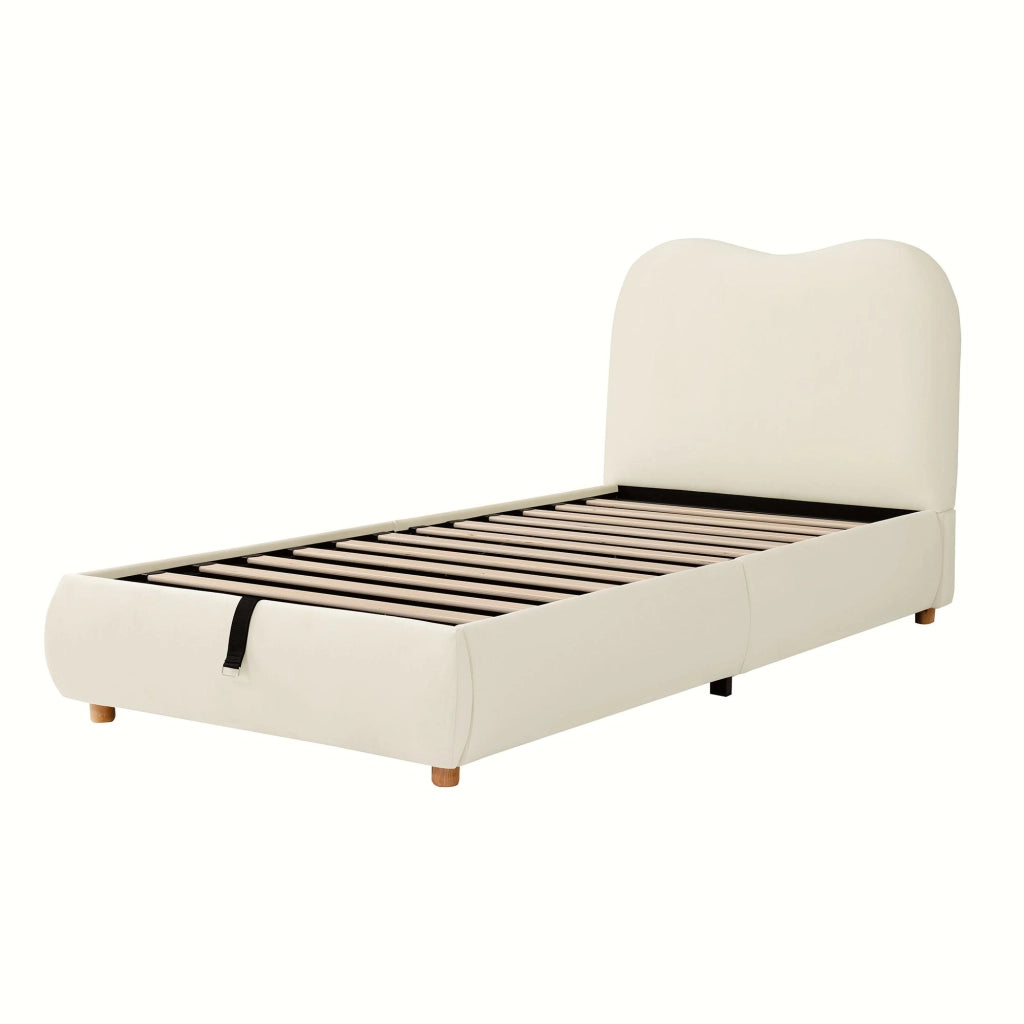 Letto imbottito per bambini 90 x 200 cm con contenitore, rete a doghe, testiera imbottita e rivestimento in velluto beige