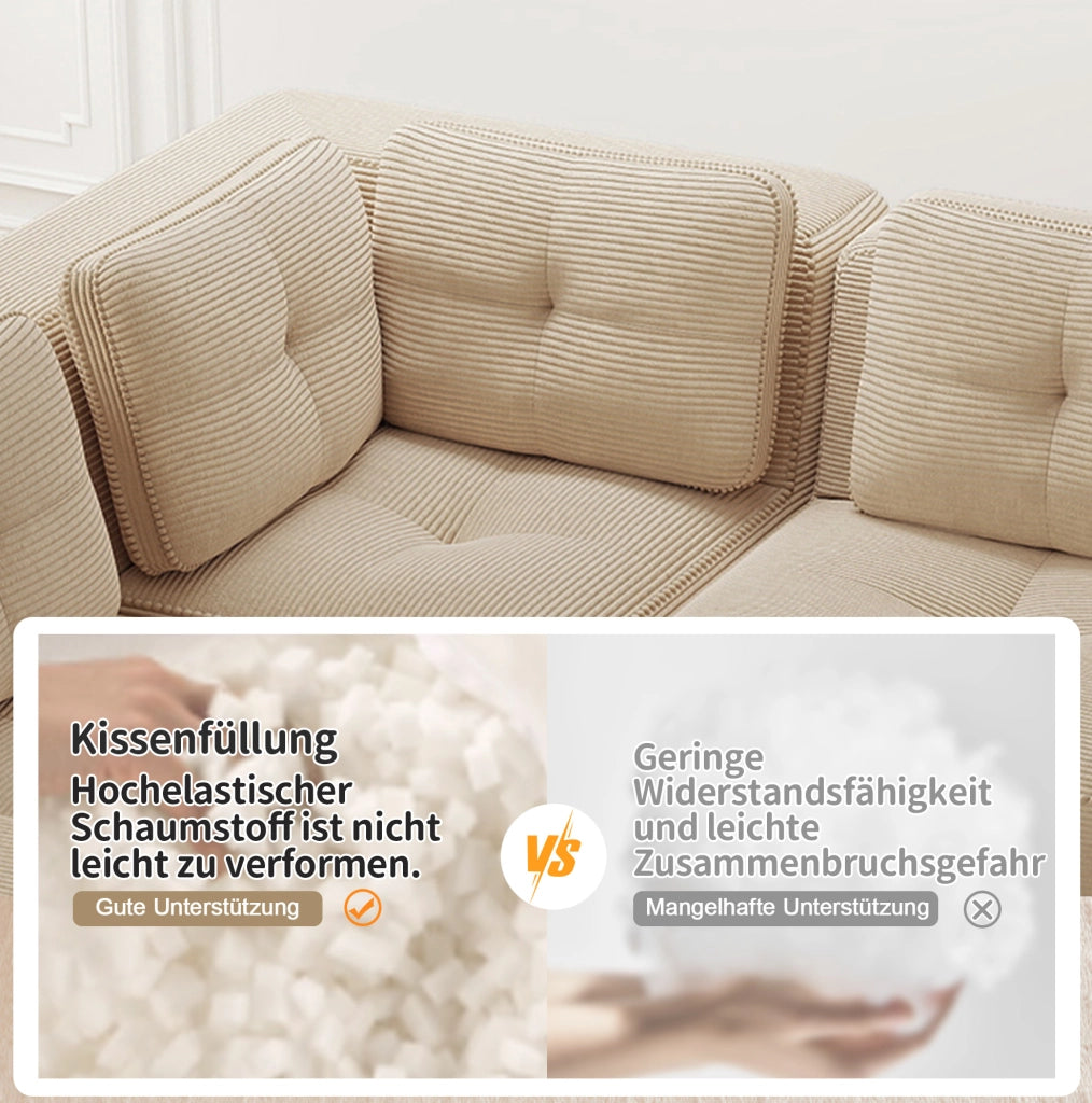 Divano angolare modulare 386x177x69 cm in tessuto a coste beige; seduta profonda