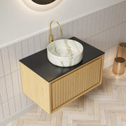 Mobile sottolavabo sospeso con lavabo rotondo in ceramica e cassetto frontale rigato per bagno rovere e nero
