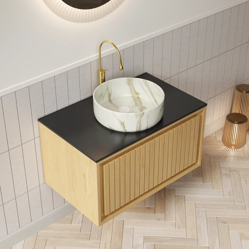 Mobile sottolavabo sospeso con lavabo rotondo in ceramica e cassetto frontale rigato per bagno rovere e nero
