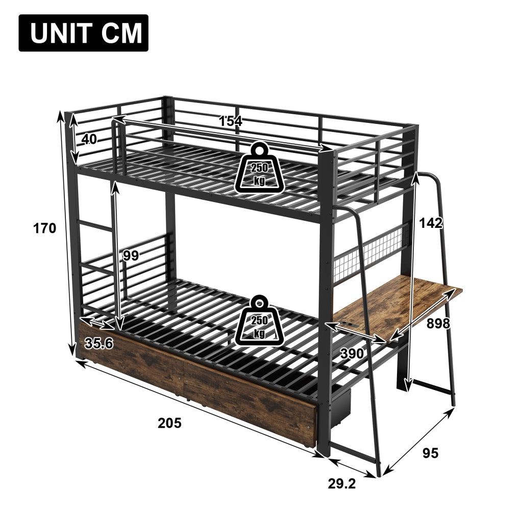 Letto a soppalco 90x200 cm con scrivania; illuminazione LED; MDF e metallo; nero