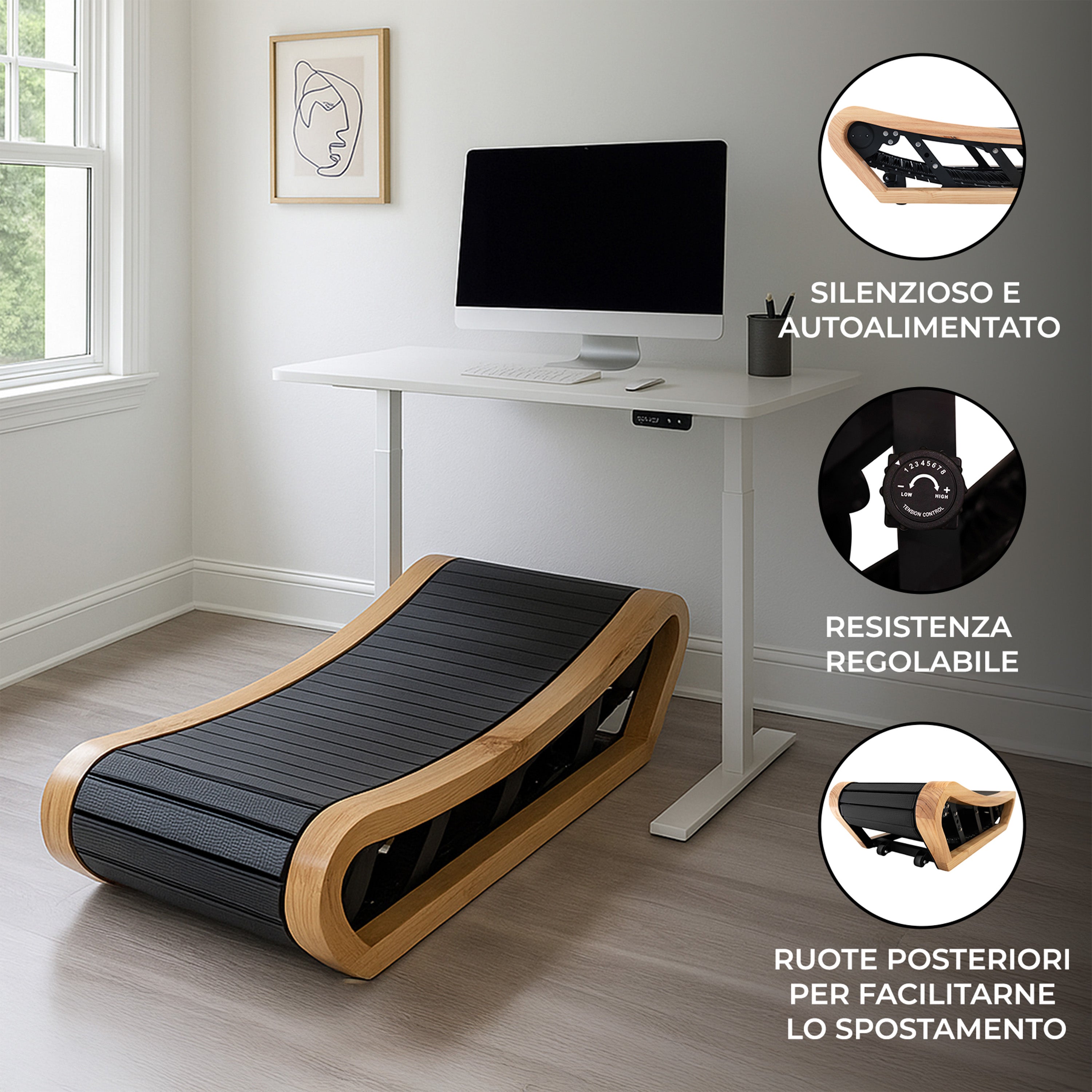 Tapis Roulant Curvo Rovere Manuale Sotto Scrivania Silenzioso Palestra Casa Ufficio