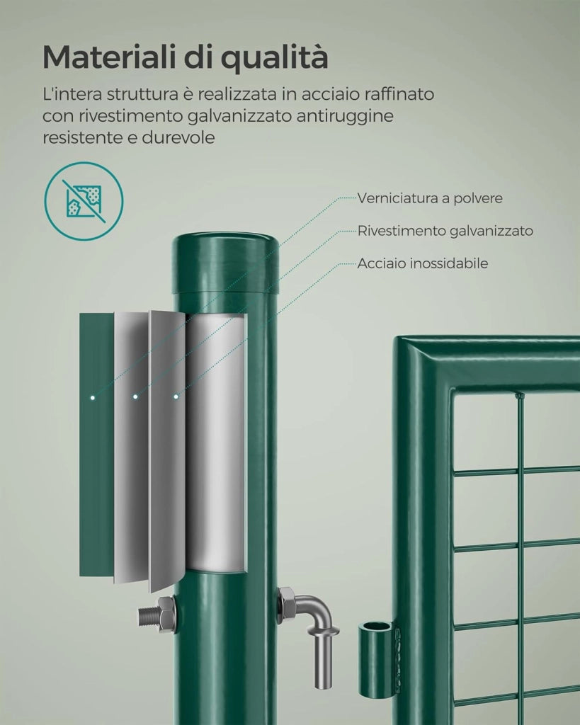 SONGMICS Cancello da Giardino, Cancelletto da Giardino, Acciaio Zincato con Serratura, Porta di 106 x 100 cm (L x H), Tubo Tondo, Cancello per Recinzione, Verde GGD150G01