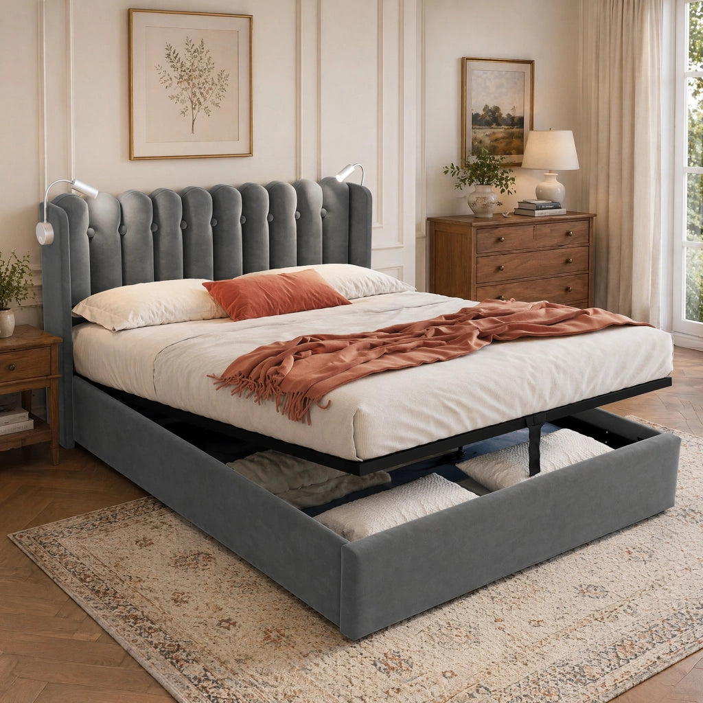 LETTO Contenitore 160x200 cm Velluto Grigio con USB e luce da lettura