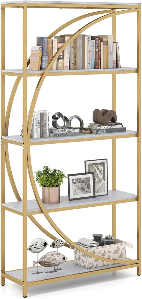 Libreria a 5 Ripiani, Scaffale Alto Indipendente con Design a Mezzaluna, Struttura in Metallo, Libreria da Parete per Soggiorno, Ufficio e Studio, 86 x 30 x 175 cm (Marrone Rustico)