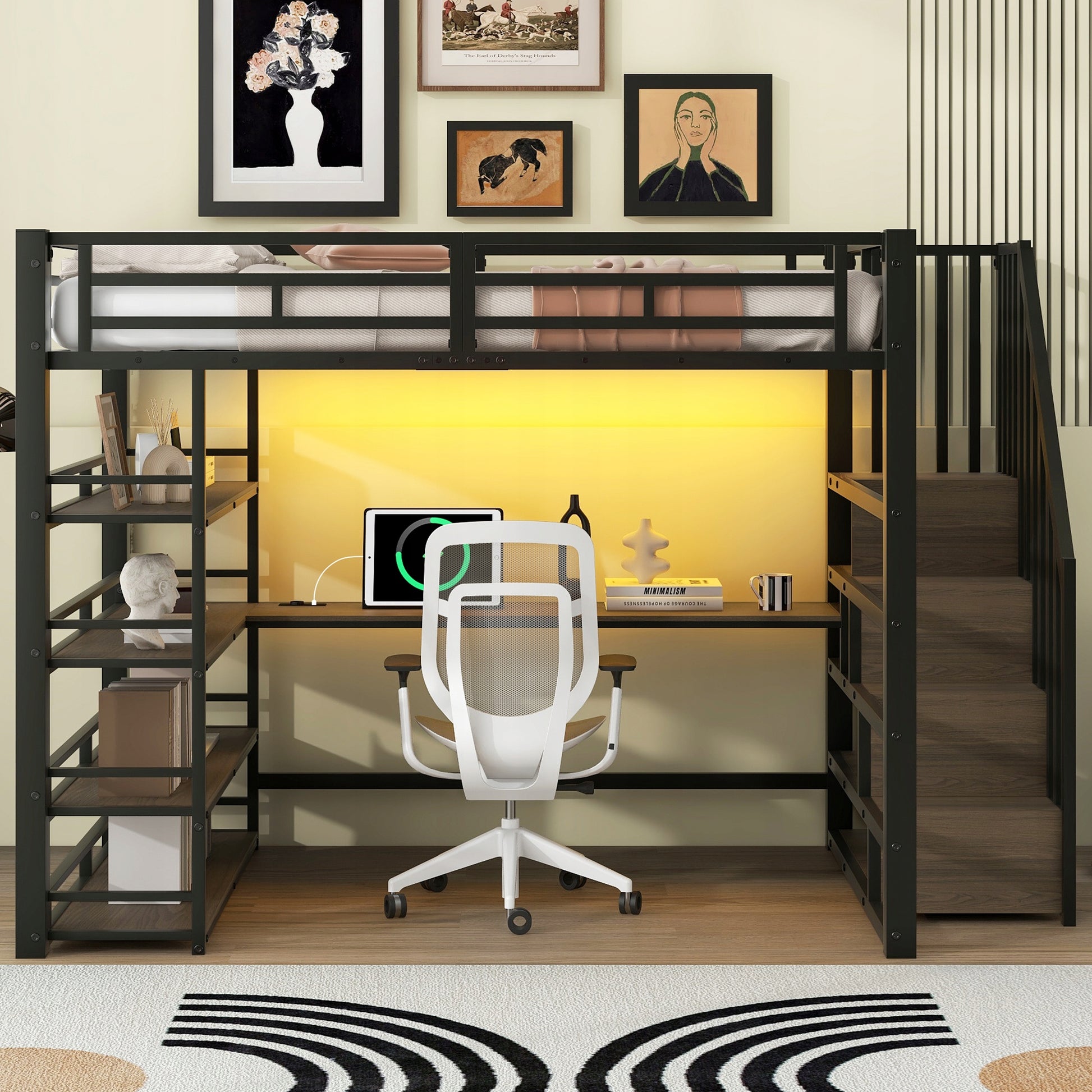 Letto a castello 140x200 nero con scrivania e scale - Xylo