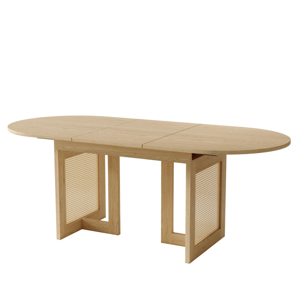 Tavolo da pranzo allungabile 200x90x75 cm con angoli arrotondati; gambe in rattan; MDF; naturale