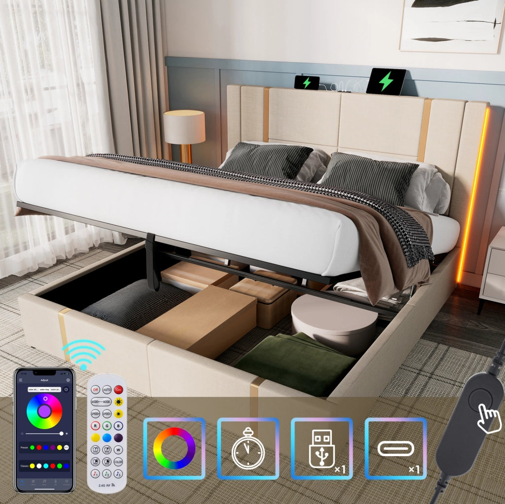 Letto matrimoniale contenitore 180x200 cm beige con LED e USB-C