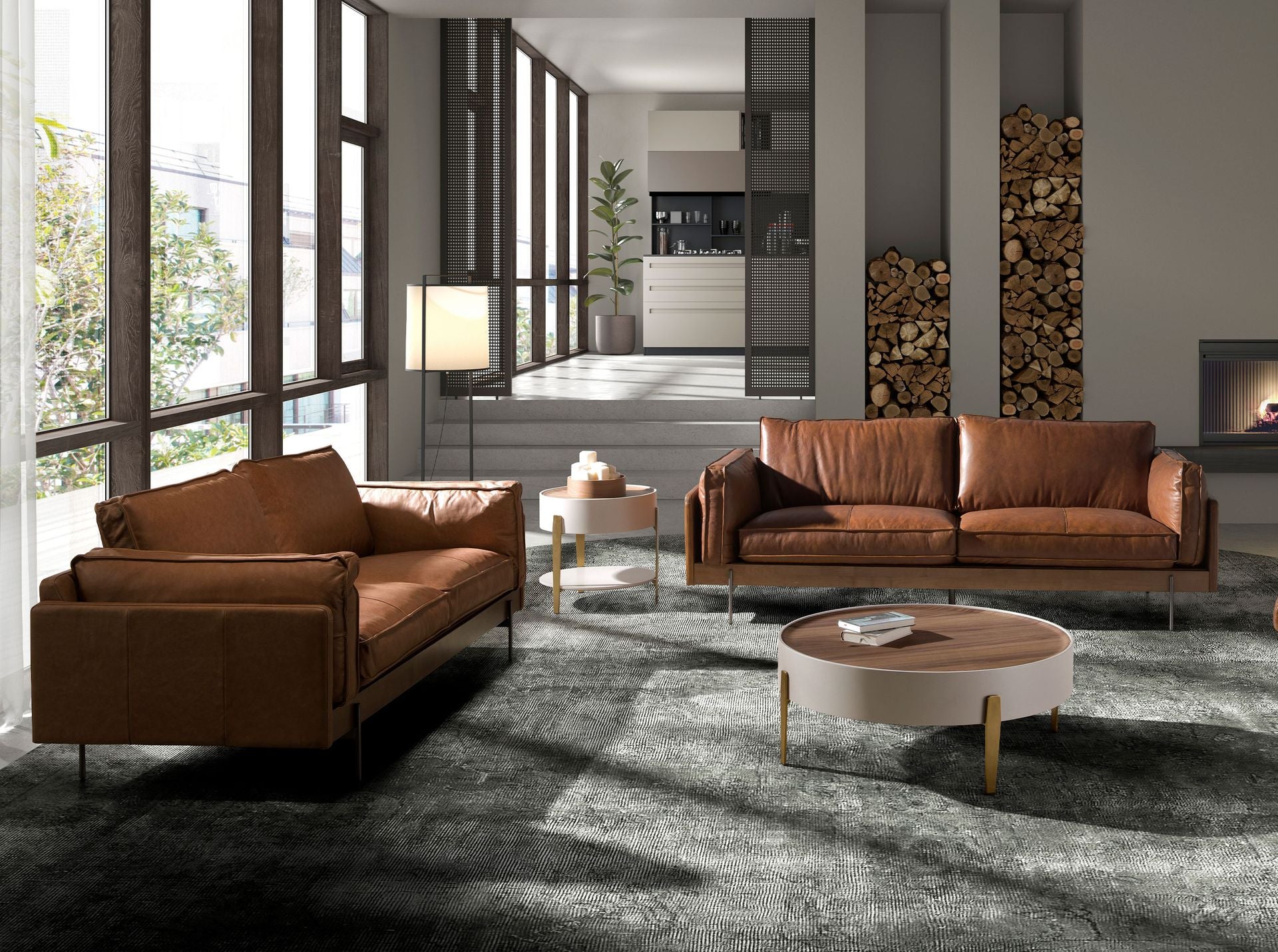 Tavolino rotondo in noce, legno beige e acciaio dorato lucido