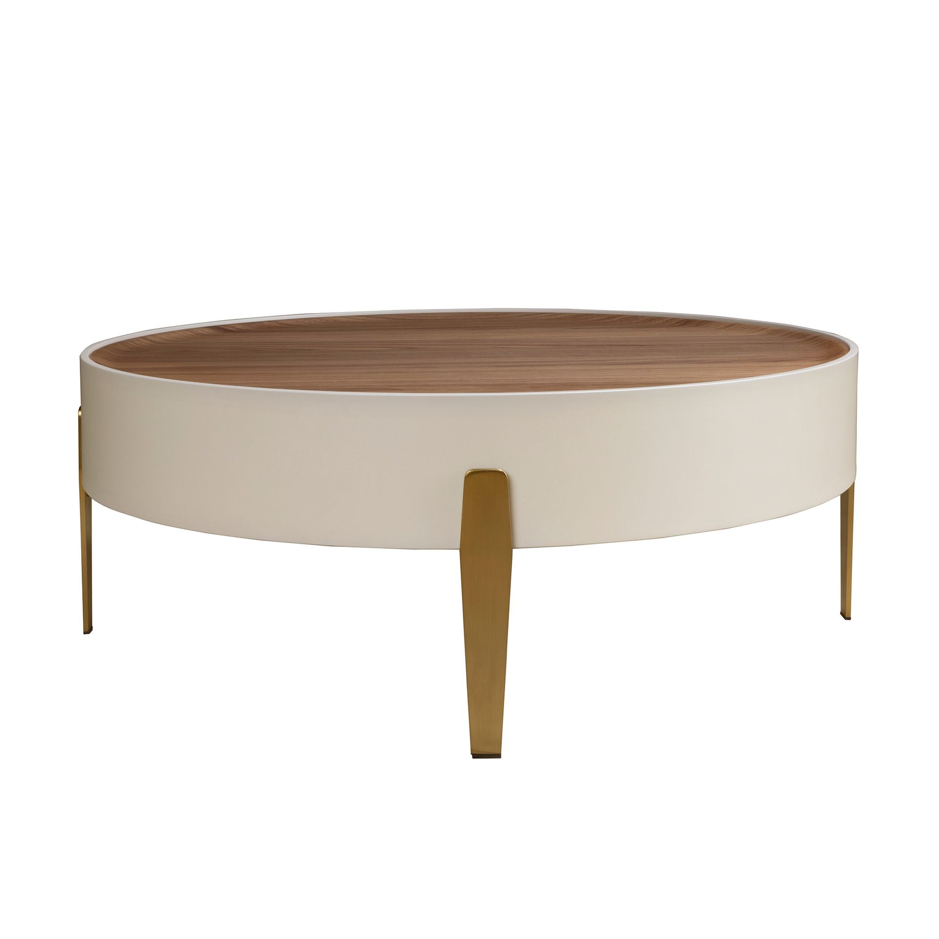Tavolino rotondo in noce, legno beige e acciaio dorato lucido