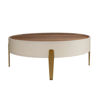 Tavolino rotondo in noce, legno beige e acciaio dorato lucido