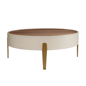 Tavolino rotondo in noce, legno beige e acciaio dorato lucido